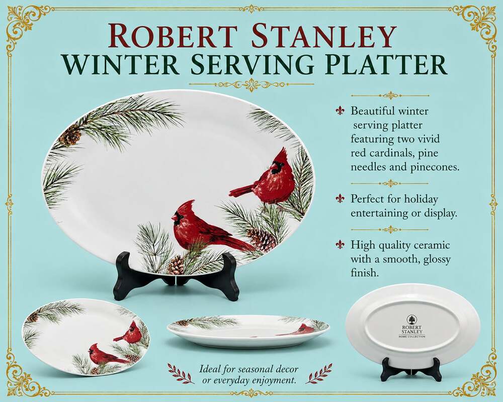 Robert Stanley Winter Serving Platter with Red Cardinals and Pinecones Design